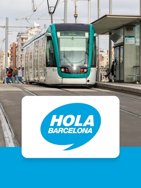 Barcelona tram at a station with passengers, promoting Hola Barcelona Travel Card Pass.