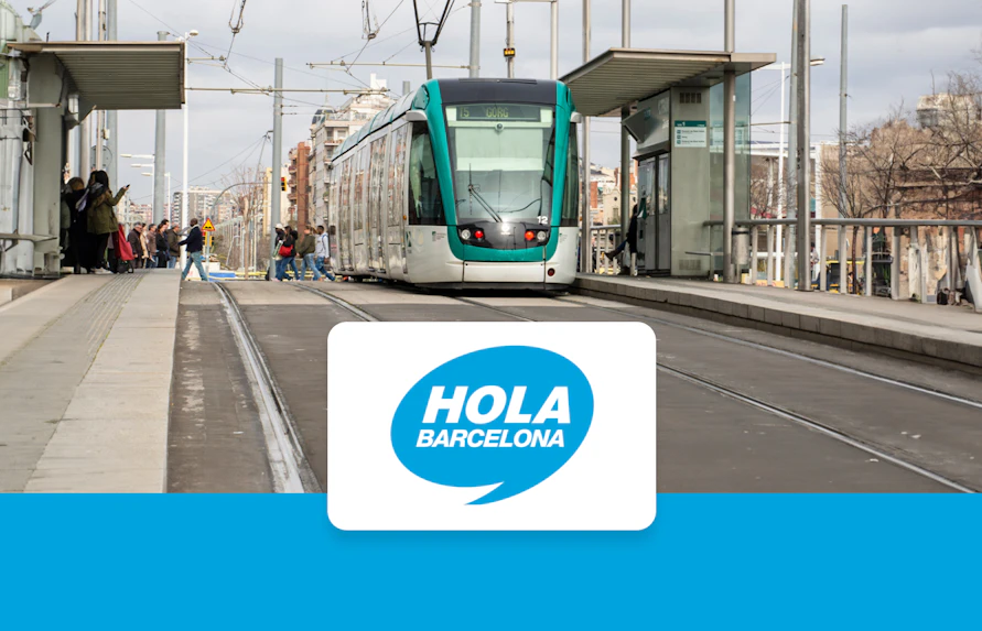Barcelona tram at a station with passengers, promoting Hola Barcelona Travel Card Pass.