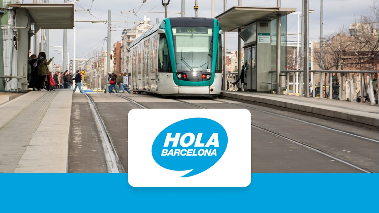 Barcelona tram at a station with passengers, promoting Hola Barcelona Travel Card Pass.