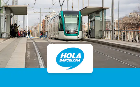 Barcelona tram at a station with passengers, promoting Hola Barcelona Travel Card Pass.