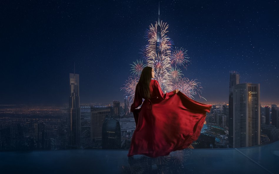 Fireworks over Burj Khalifa viewed from Sky Views Observatory, Dubai.