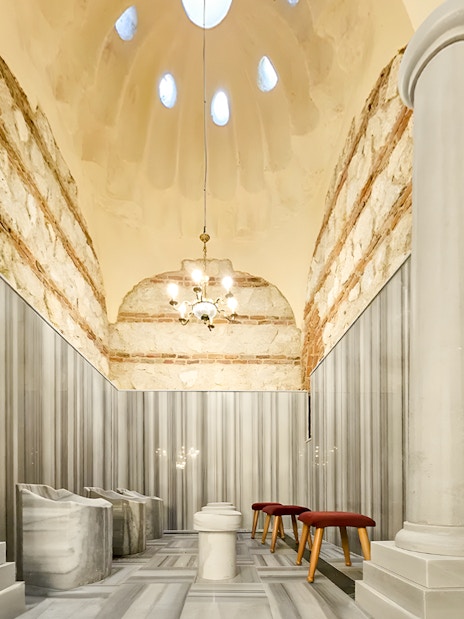 Gedikpasa Hammam interior with marble columns and traditional Turkish bath elements in Istanbul.