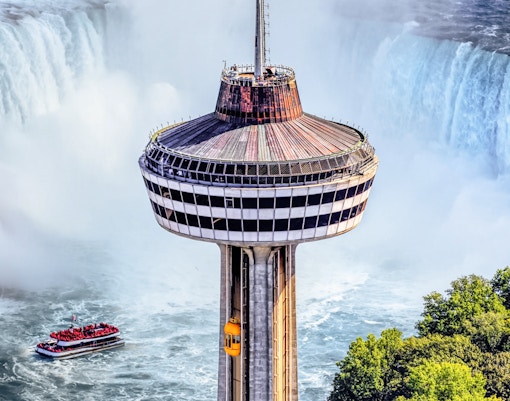 Niagara Falls view with Skylon Tower in the background, showcasing the iconic Canadian landscape.