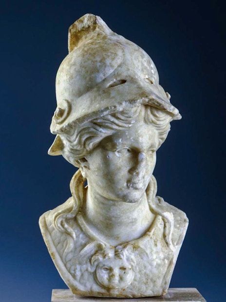Roman marble statue of Athena wearing a helmet.