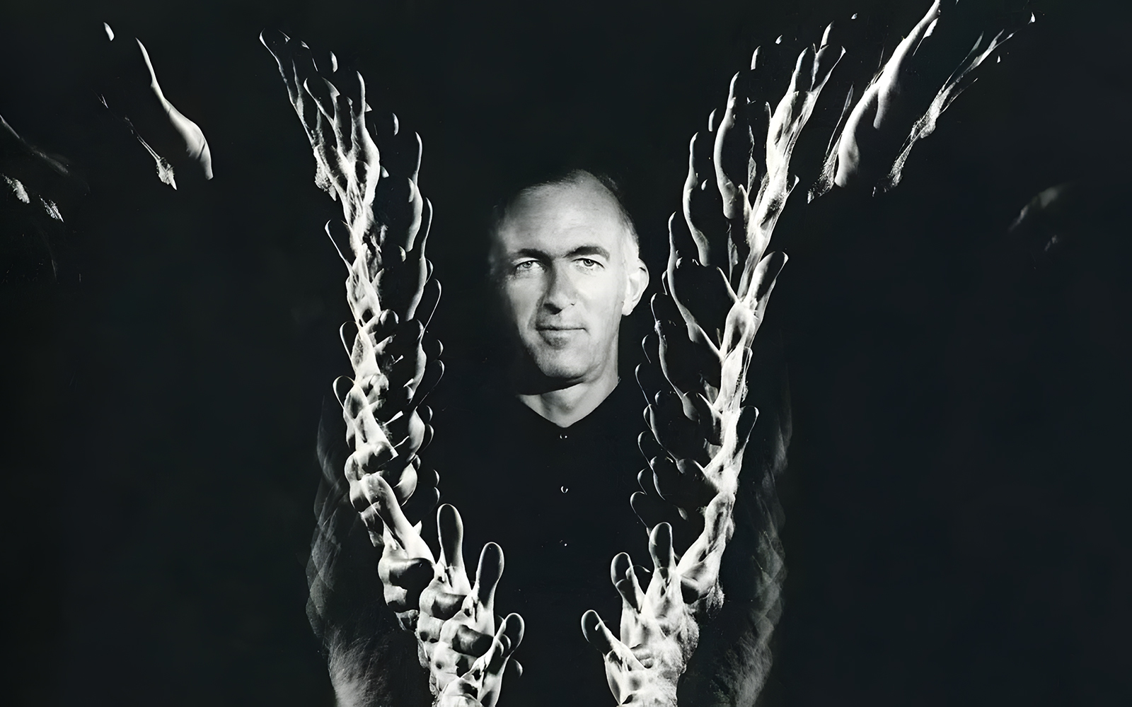 Architect Jørn Utzon with abstract design elements, related to Sydney Opera House history.
