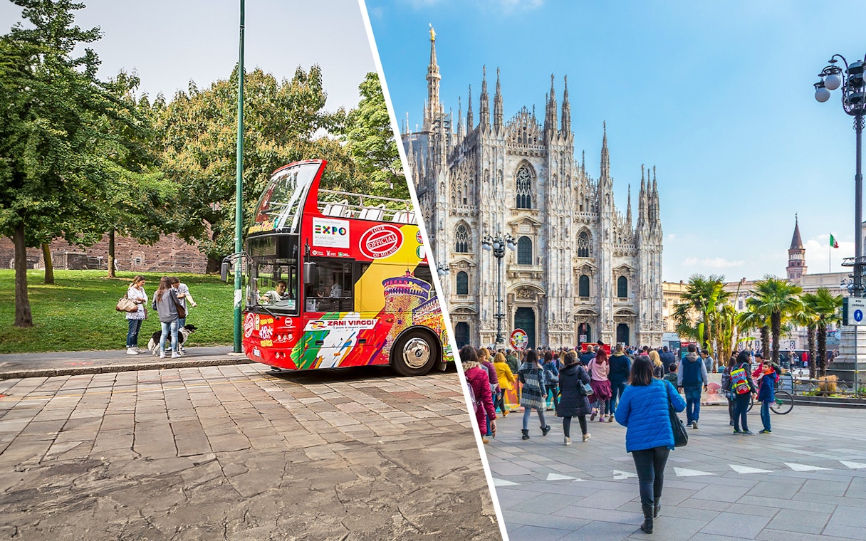 City sightseeing bus in Milan and tourists at Milan Duomo.
