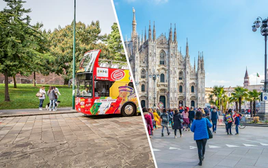 City sightseeing bus in Milan and tourists at Milan Duomo.