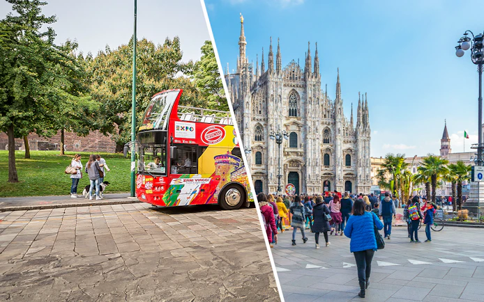 City sightseeing bus in Milan and tourists at Milan Duomo.