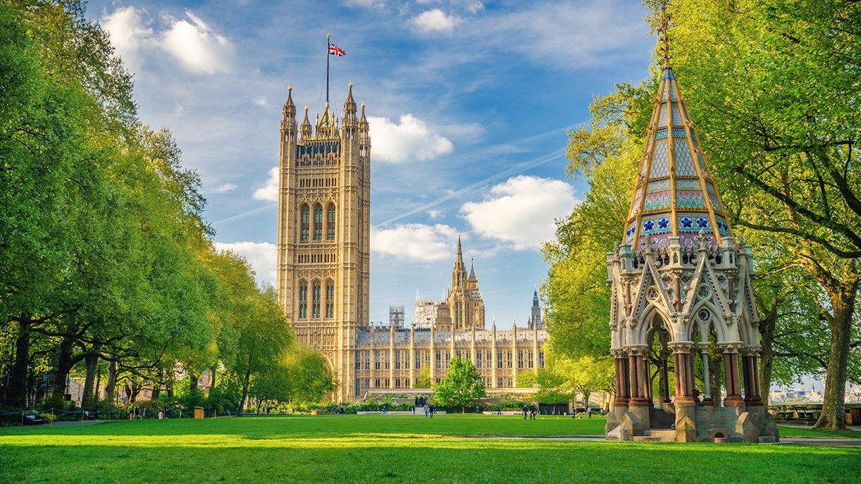 Westminster Abbey and Buxton Memorial in Victoria Tower Gardens, London.