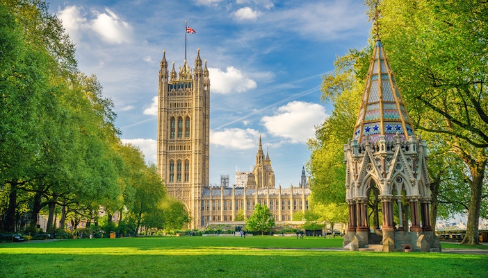 Westminster Abbey and Buxton Memorial in Victoria Tower Gardens, London.