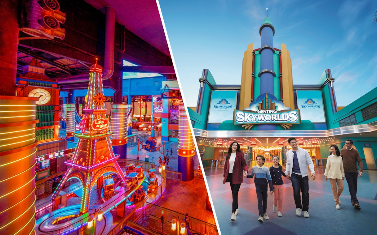 Skytropolis indoor theme park ride and Genting Skyworlds entrance with visitors.