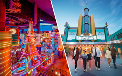 Skytropolis indoor theme park ride and Genting Skyworlds entrance with visitors.