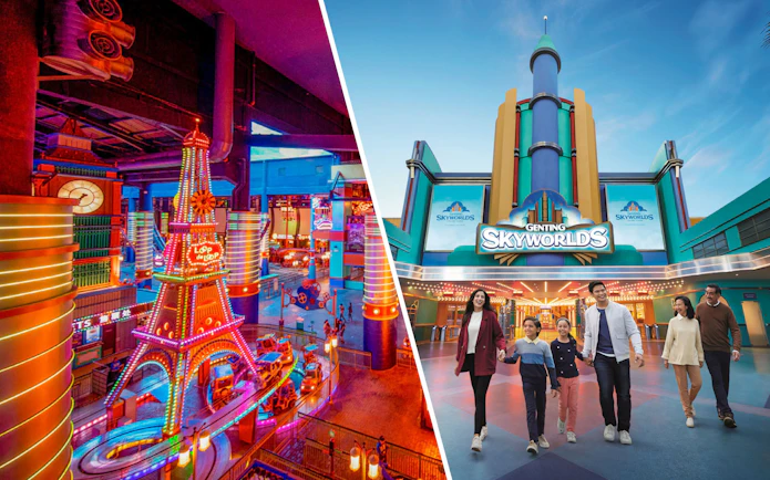 Skytropolis indoor theme park ride and Genting Skyworlds entrance with visitors.