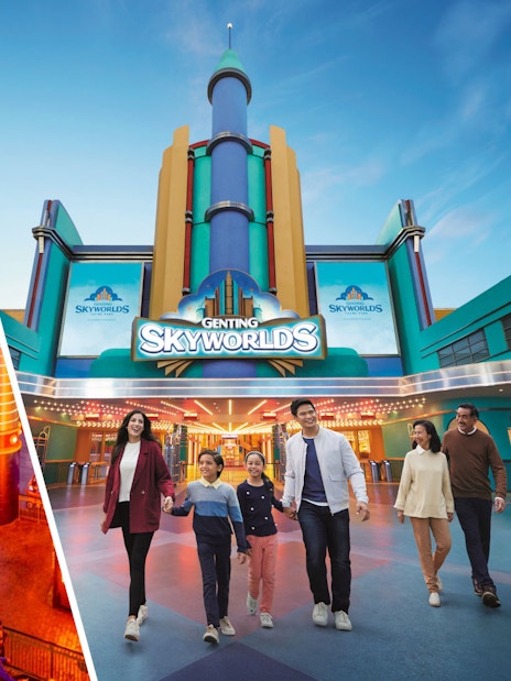 Skytropolis indoor theme park ride and Genting Skyworlds entrance with visitors.