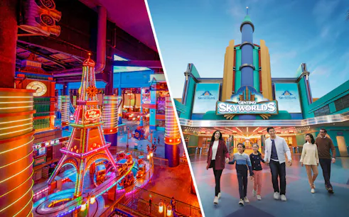 Skytropolis indoor theme park ride and Genting Skyworlds entrance with visitors.