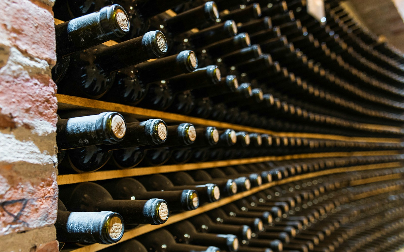 Red wine bottles stored in a wine cellar of a winery