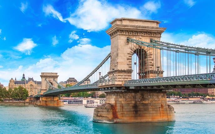 Chain Bridge spanning the Danube River in Budapest, Hungary.