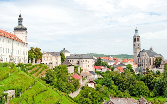 Panoramic view of Kutna Hora with St. Barbara's Church and surrounding historic buildings.