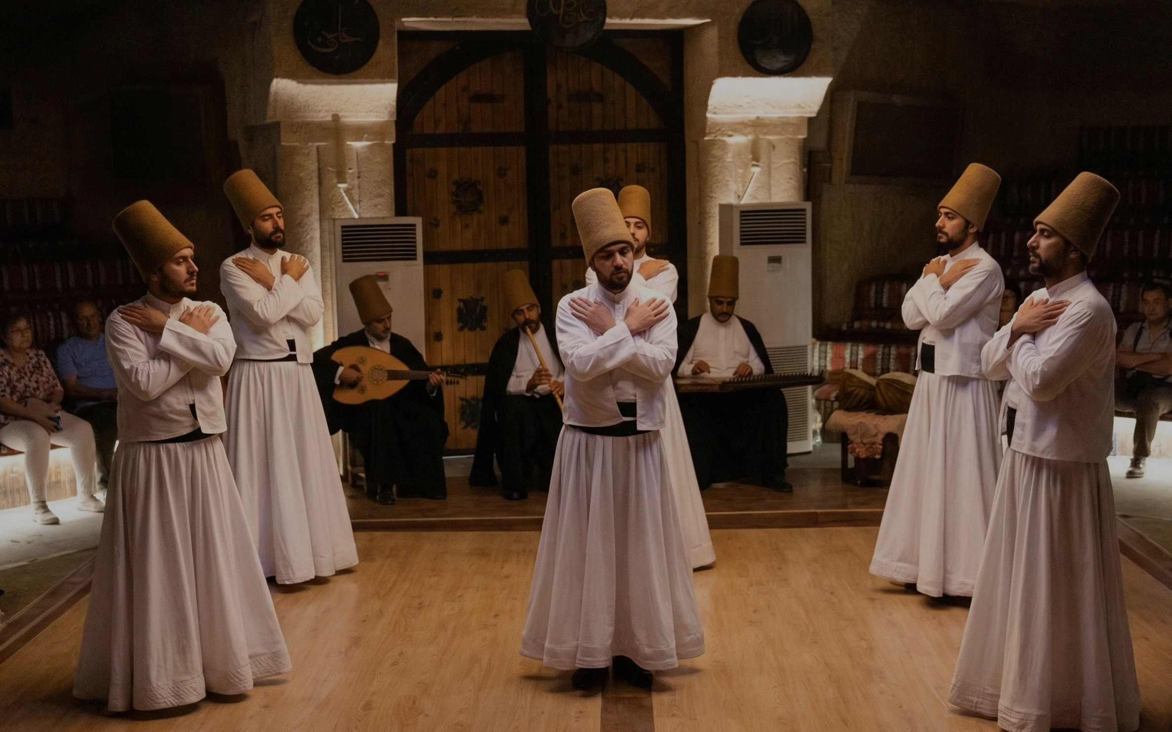 Whirling Dervishes performing in a traditional ceremony in Turkey.