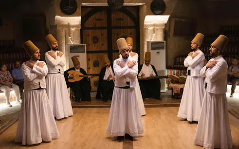 Whirling Dervishes performing in a traditional ceremony in Turkey.