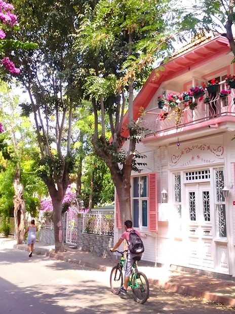 Cyclists on a tree-lined street near a pink house on Heybeliada Island, Princes Islands.