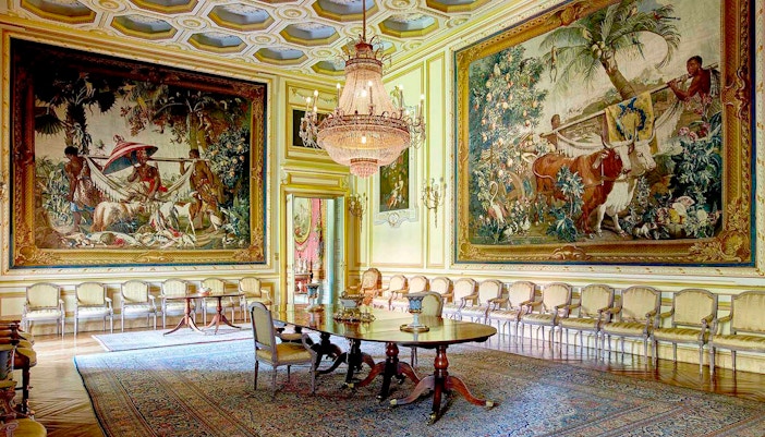 Liria Palace interior with ornate ceiling and chandeliers in Madrid.