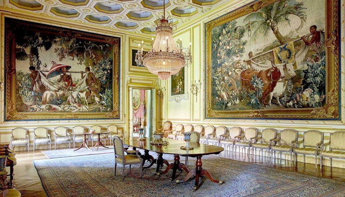 Liria Palace interior with ornate ceiling and chandeliers in Madrid.