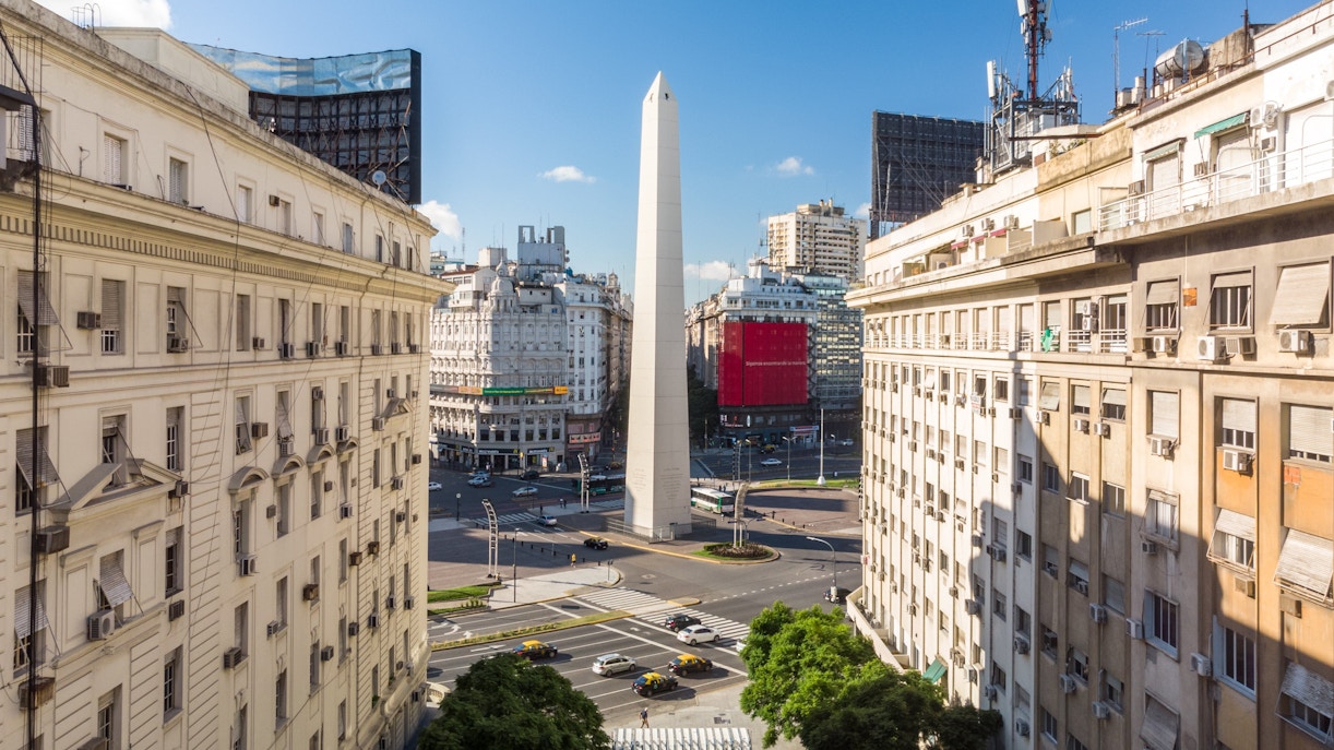 Interior metal stairs of Obelisco de Buenos Aires with visible lighting and structural details.