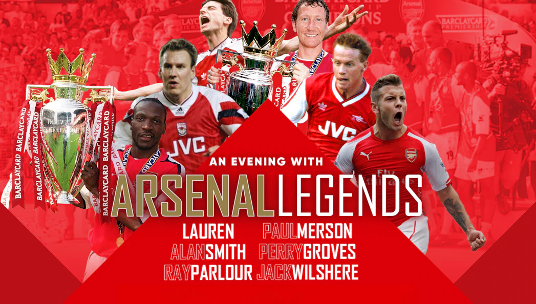 Arsenal Legends event poster featuring past players and Premier League trophy.