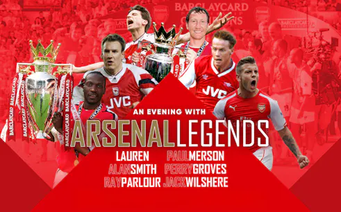 Arsenal Legends event poster featuring past players and Premier League trophy.