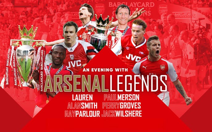Arsenal Legends event poster featuring past players and Premier League trophy.