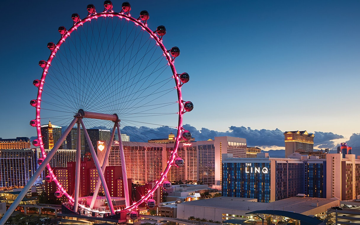 High Roller Ferris wheel illuminated at dusk near The LINQ, Las Vegas.