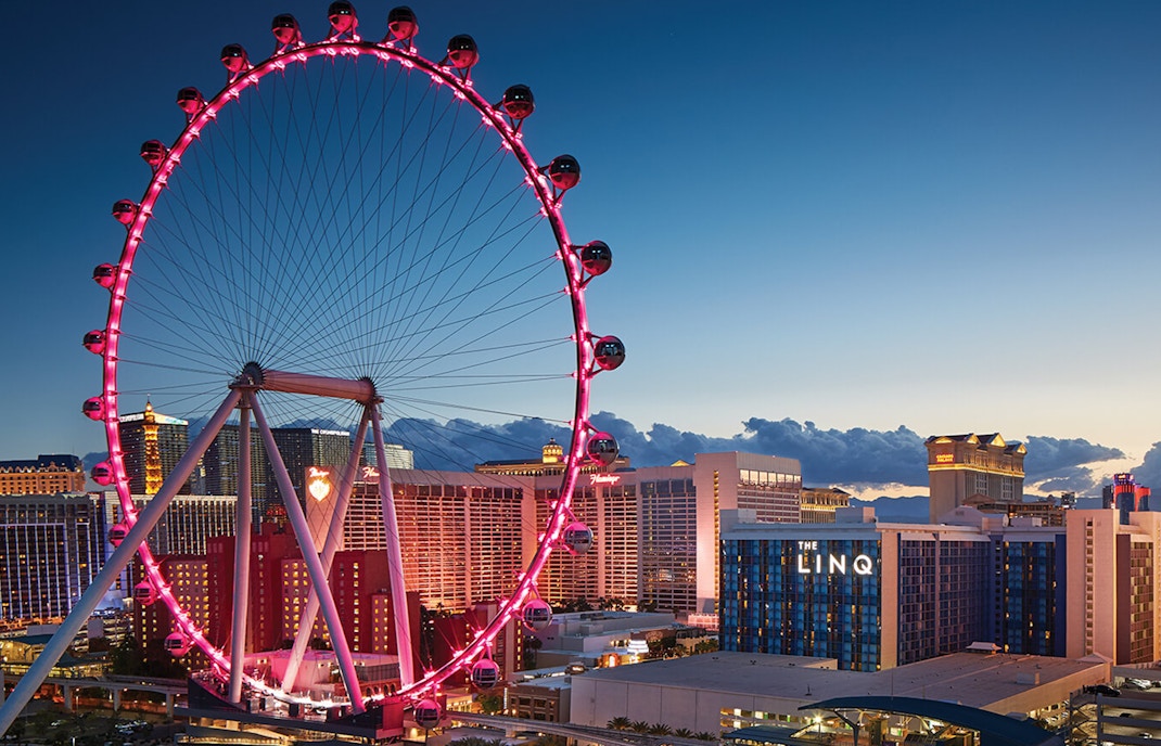 High Roller Ferris wheel illuminated at dusk near The LINQ, Las Vegas.
