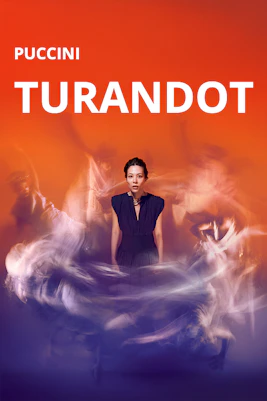 Turandot opera poster with central figure and swirling colors
