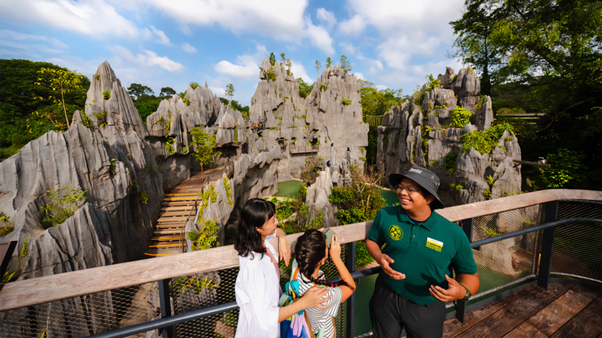 Ranger explaining karst formations to visitors on a scenic overlook.