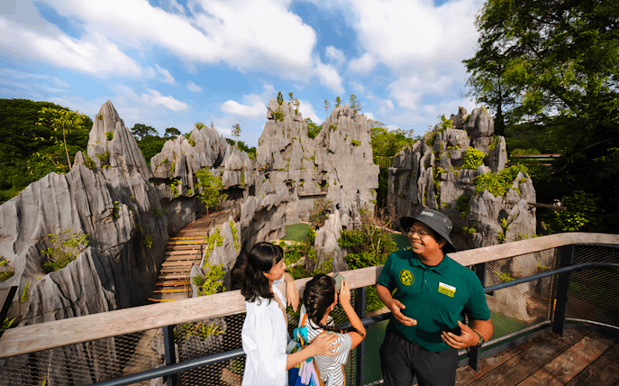 Ranger explaining karst formations to visitors on a scenic overlook.