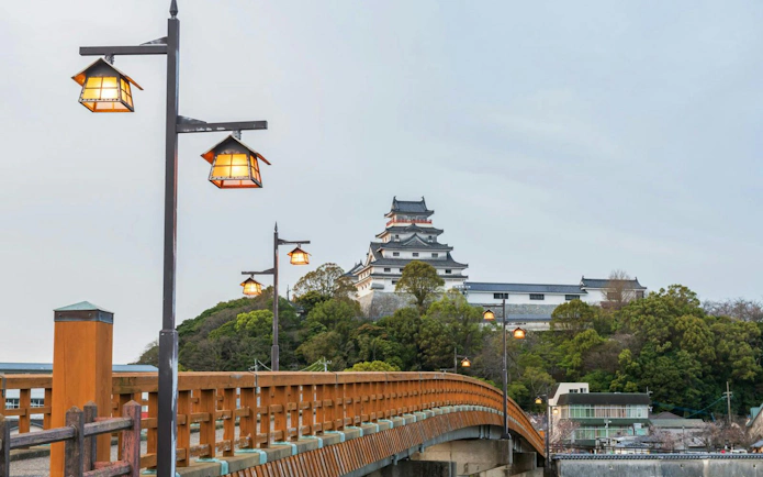 Jyounai Bridge with lanterns leading to Karatsu Castle, Saga, Japan.