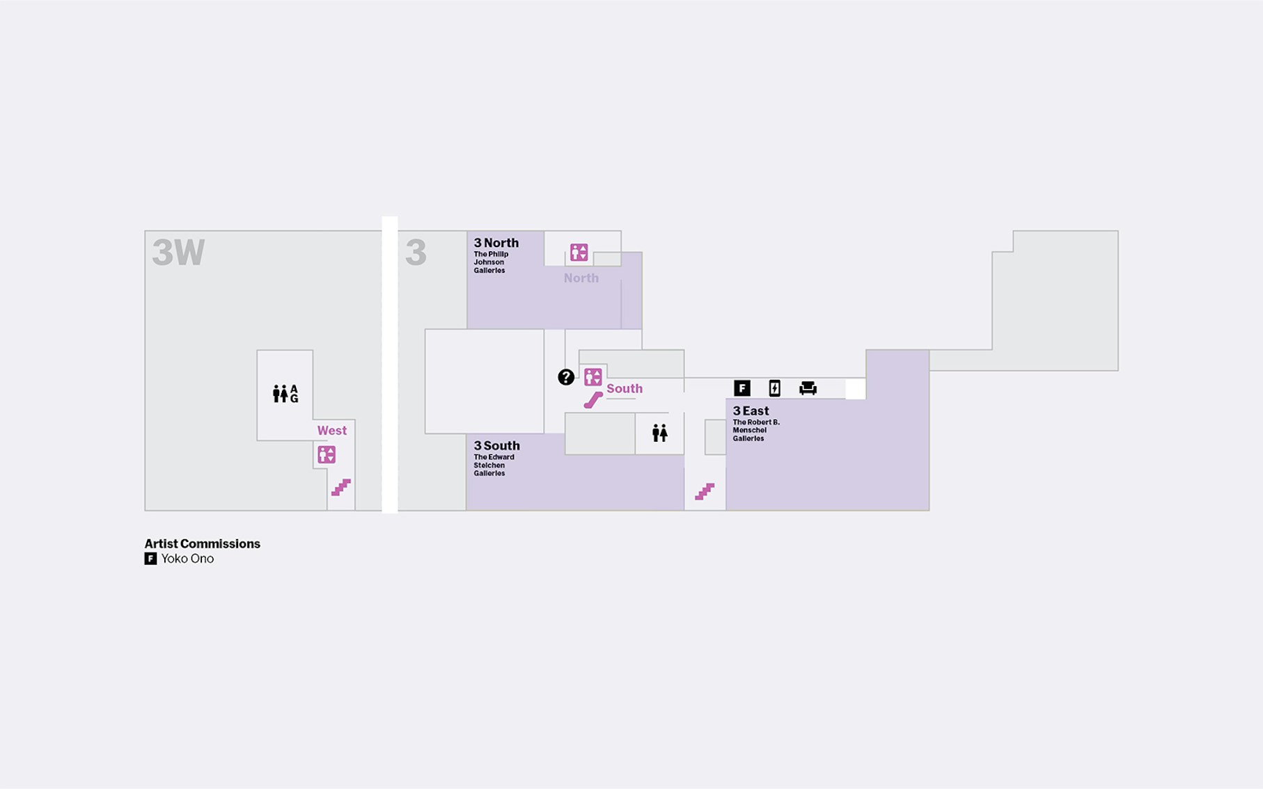 MoMA third floor map showing North, South, and East galleries with amenities.