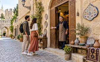 Visitors at pottery workshop entrance with local artisan in Old City, Baku.