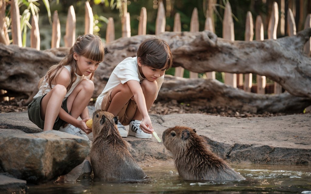 Children interacting with capybaras at Bali Zoo.