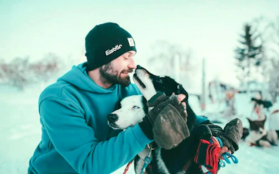 Guests interacting with huskies during self-drive sledding tour in Tromso.