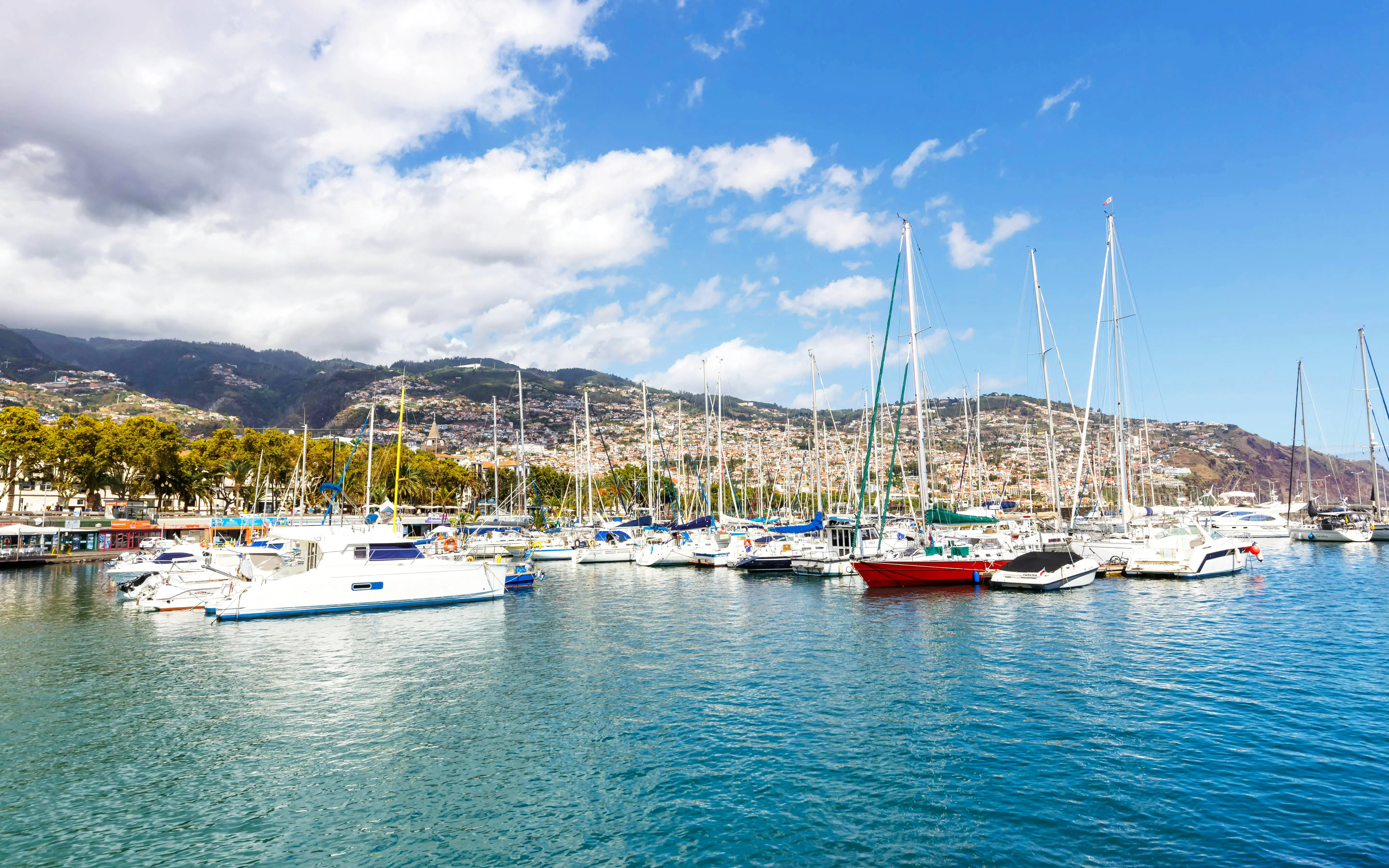 Boats docked at a marina in Funchal, Madeira, Portugal with hills in the background.