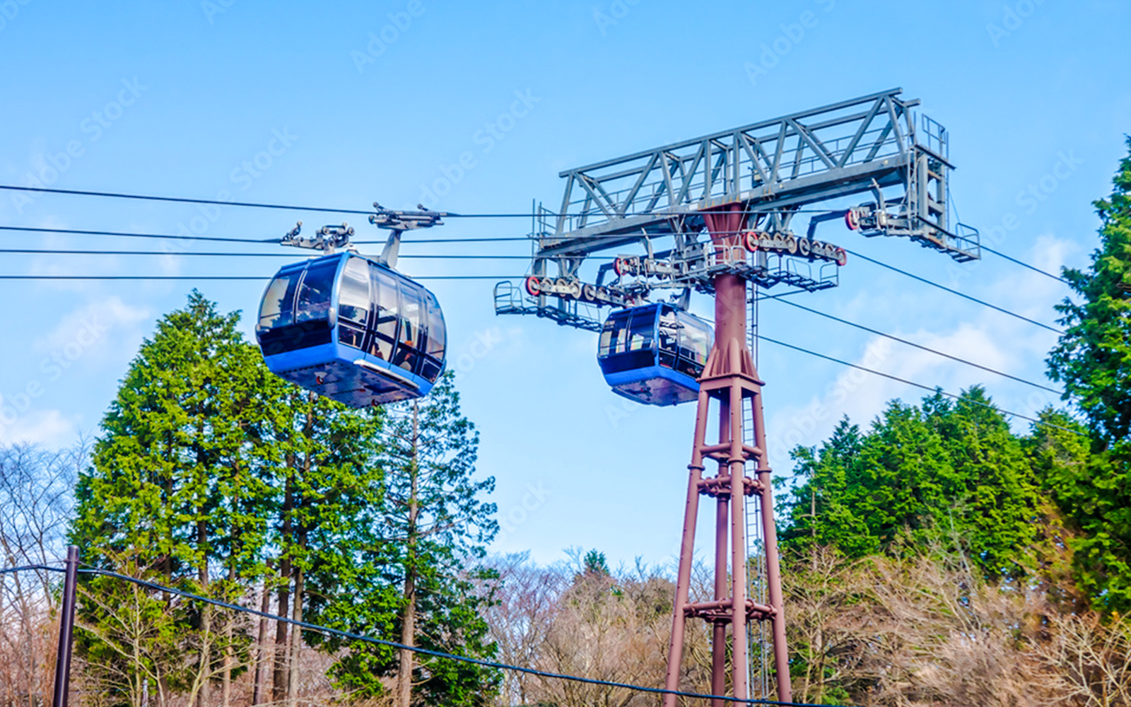 Hakone Komagatake Ropeway gondolas against a backdrop of trees and blue sky.