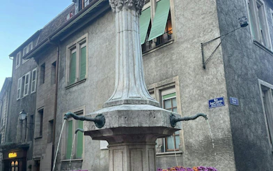 Historic fountain on Rue Jean-Calvin in Geneva, part of the self-guided city exploration game.