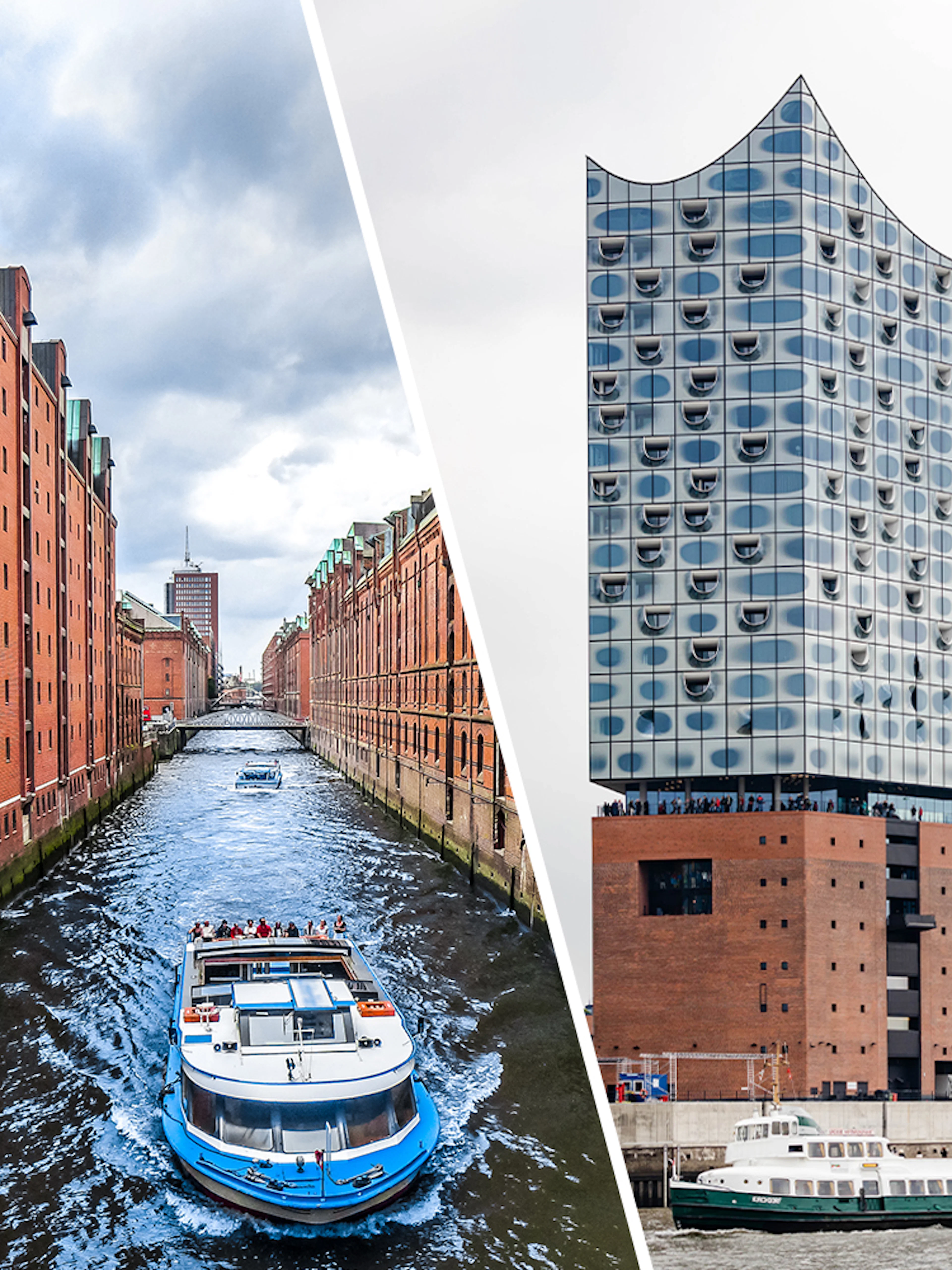 Harbor cruise boat on Hamburg canal and Elbphilharmonie concert hall.