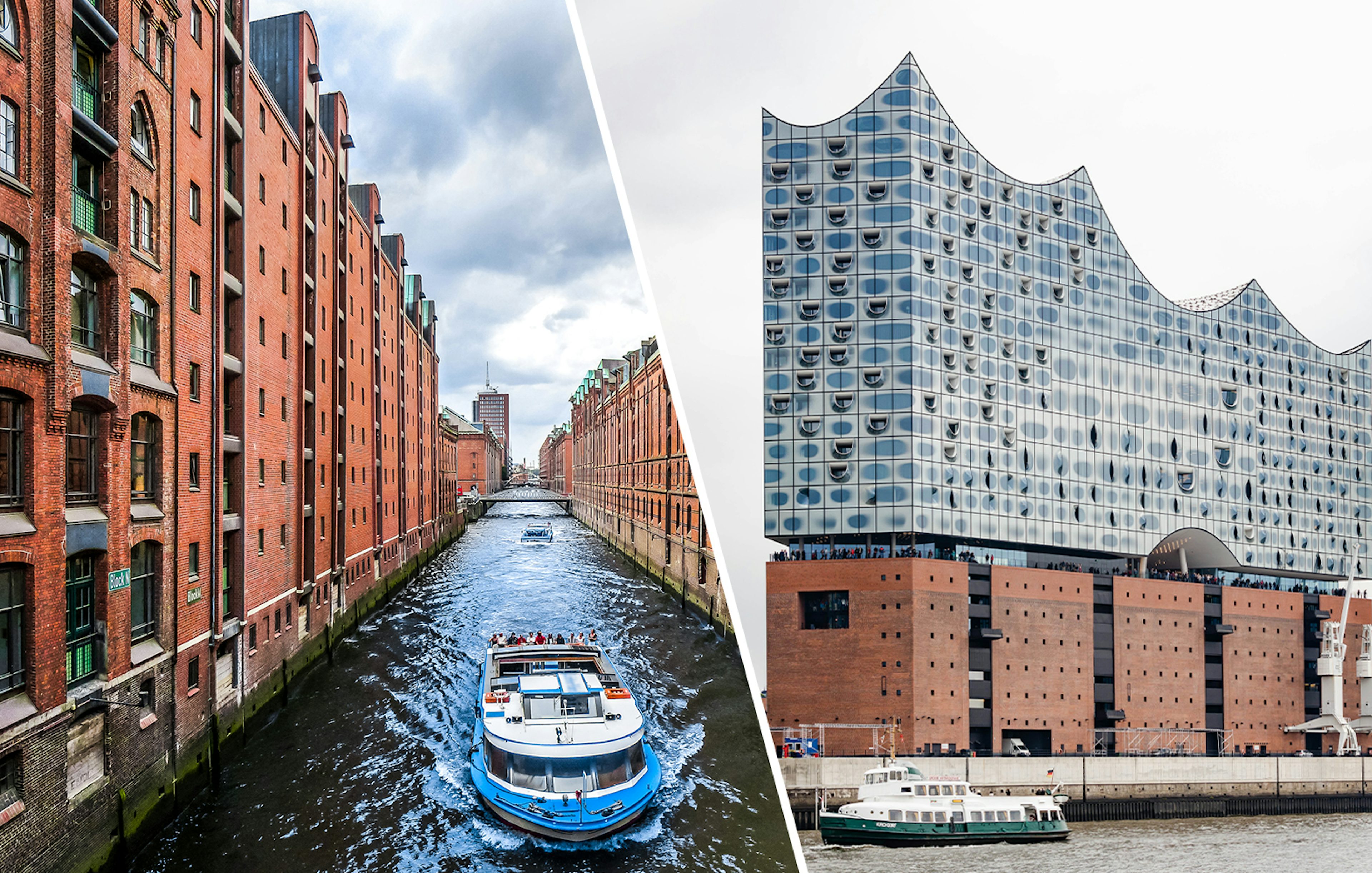 Harbor cruise boat on Hamburg canal and Elbphilharmonie concert hall.