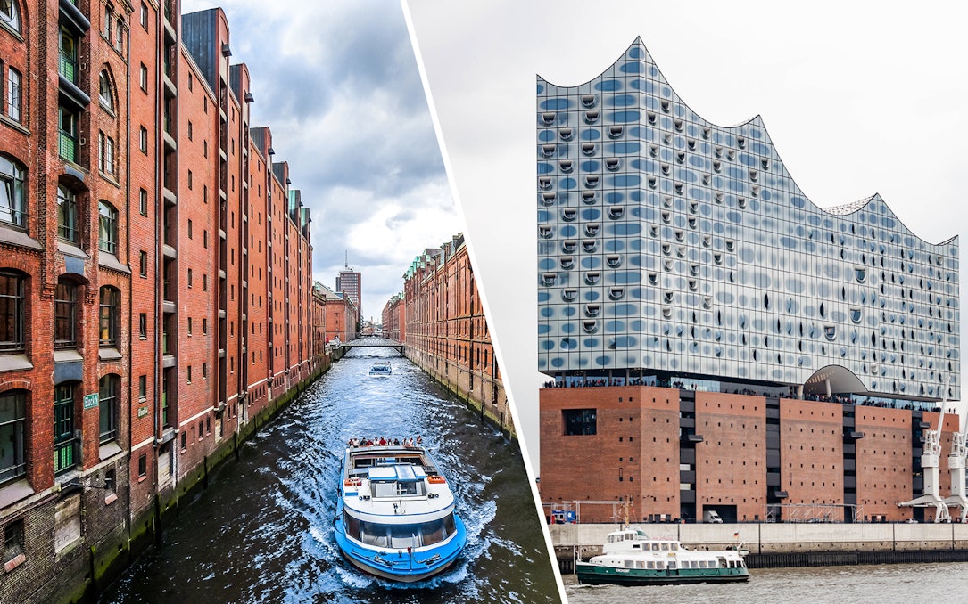 Harbor cruise boat on Hamburg canal and Elbphilharmonie concert hall.