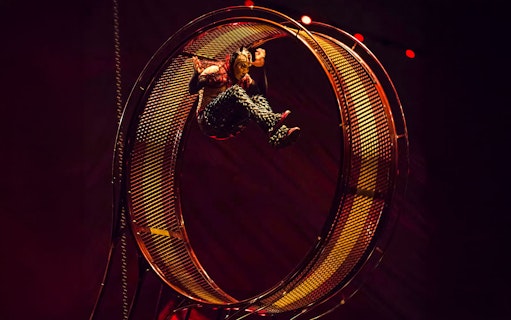 Performer inside a spinning wheel at Cirque du Soleil Kooza, Singapore.