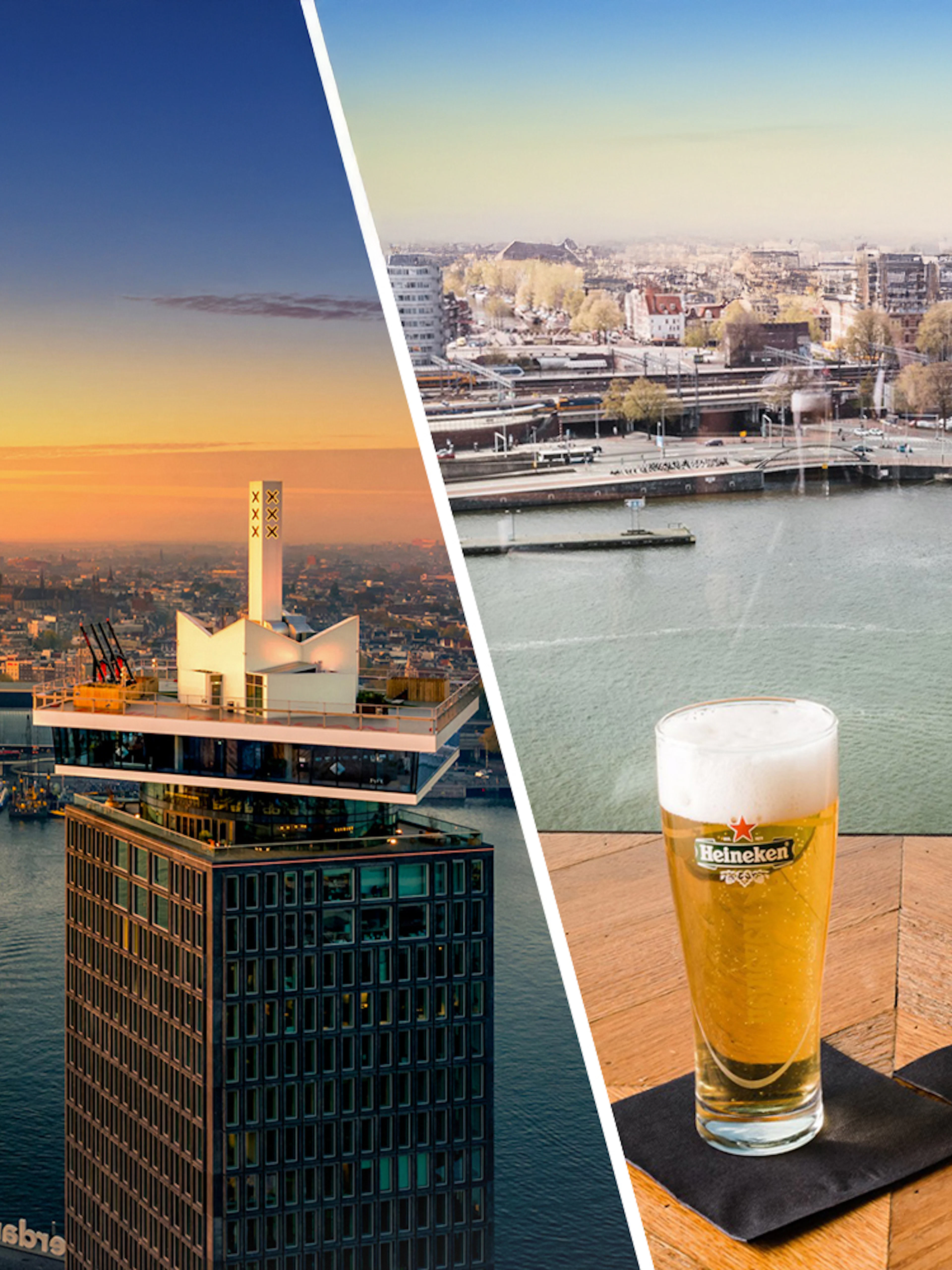 A'DAM Lookout view with Amsterdam skyline and two drinks on a table.