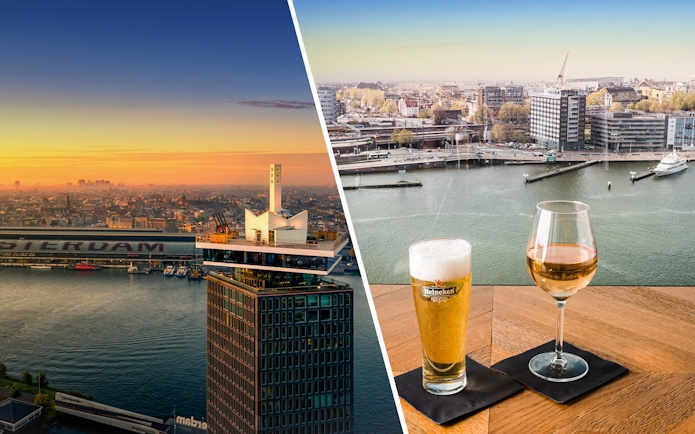 A'DAM Lookout view with Amsterdam skyline and two drinks on a table.